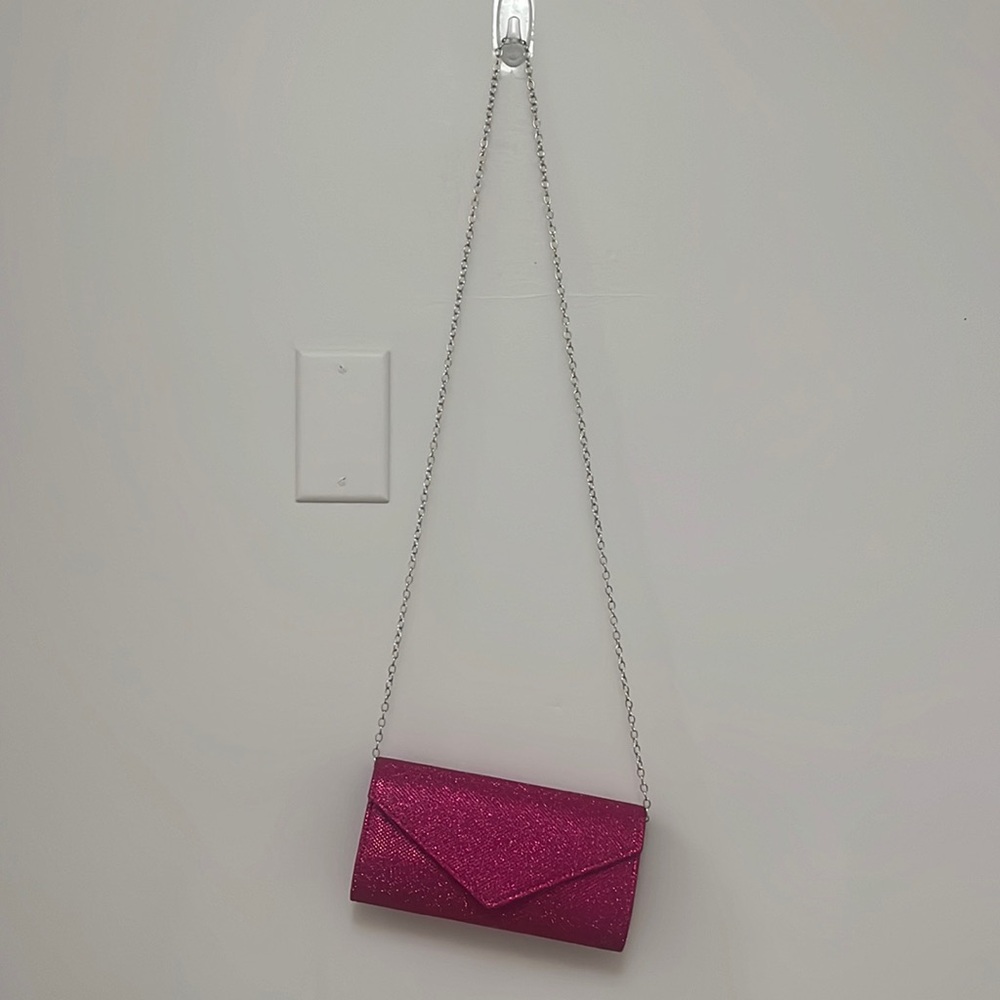 Pink Glittery Clutch Bag with Silver Chain